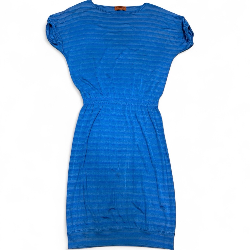 Missoni Orange Label  Blue Stripe Short Sleeve Cinched Waist Dress- Size Small